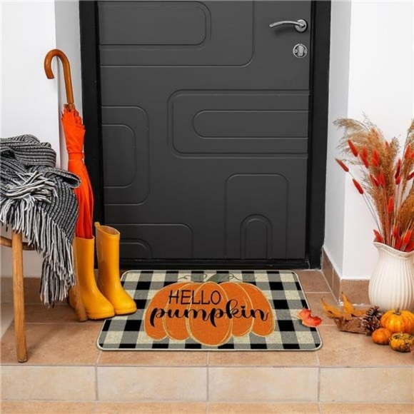 Halloween Buffalo Plaid Pumpkin Hello Door Mat Floor Mat 17x29" Home Decor Gift - Picture 2 of 7